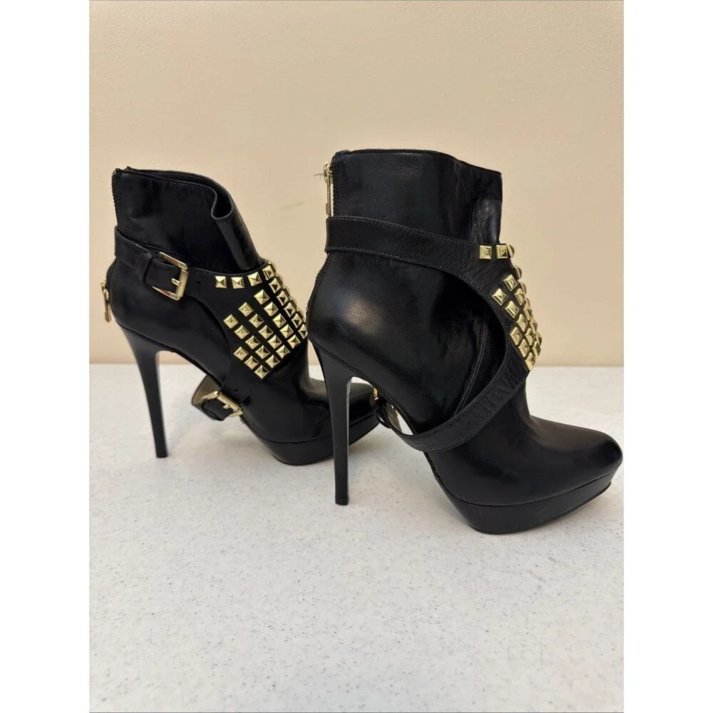 Michael By Michael Kors Rock And Roll Booties Black Leather & Gunmetal Studs 8M
